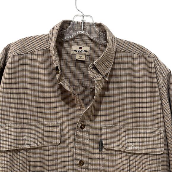 Woolrich Shirt Mens Large Deep Beige Plaid Button Front Long Sleeve Cotton - Picture 3 of 8